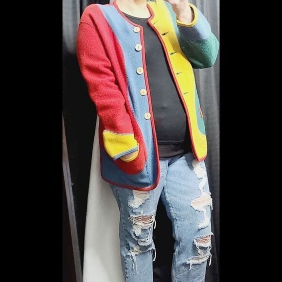 Vintage Geiger Colorblock Colorful Wool Green Red Yellow Jacket - Picture 12 of 16
